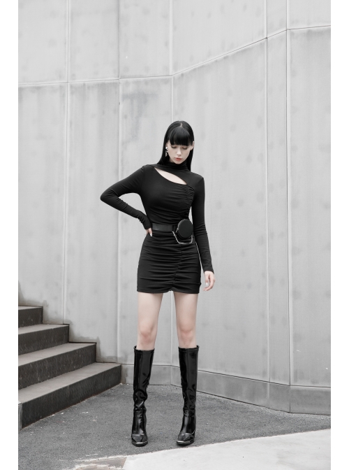 Steam Punk Female Black Hollow Slim-fitting Long Sleeve Dress