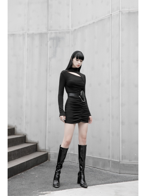 Steam Punk Female Black Hollow Slim-fitting Long Sleeve Dress