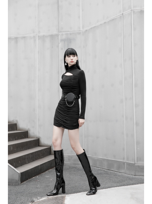 Steam Punk Female Black Hollow Slim-fitting Long Sleeve Dress