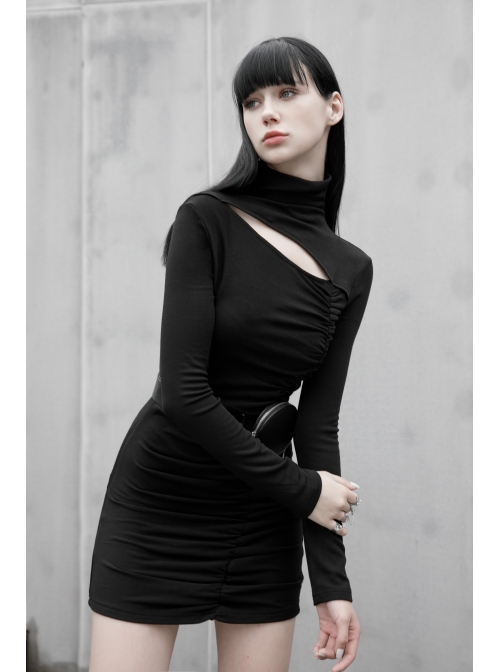 Steam Punk Female Black Hollow Slim-fitting Long Sleeve Dress