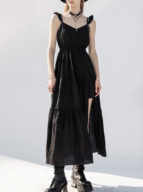 Steam Punk Female Black V-neck Strap Split Long Dress