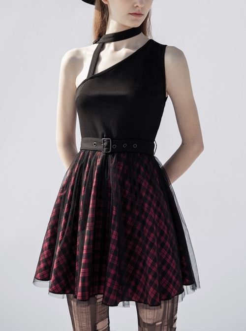 Steam Punk Female Black Red Lattice Mesh Stitching Buckle Belted Dress
