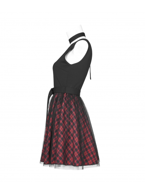Steam Punk Female Black Red Lattice Mesh Stitching Buckle Belted Dress