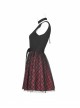 Steam Punk Female Black Red Lattice Mesh Stitching Buckle Belted Dress