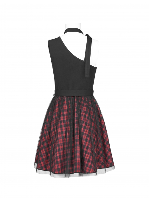 Steam Punk Female Black Red Lattice Mesh Stitching Buckle Belted Dress