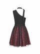 Steam Punk Female Black Red Lattice Mesh Stitching Buckle Belted Dress