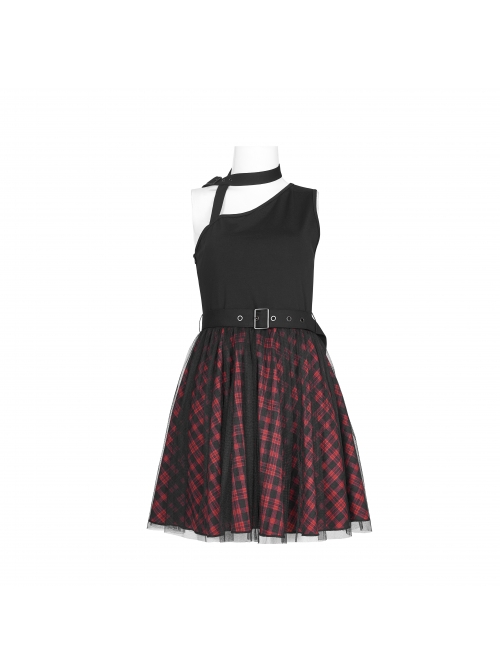 Steam Punk Female Black Red Lattice Mesh Stitching Buckle Belted Dress
