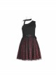 Steam Punk Female Black Red Lattice Mesh Stitching Buckle Belted Dress