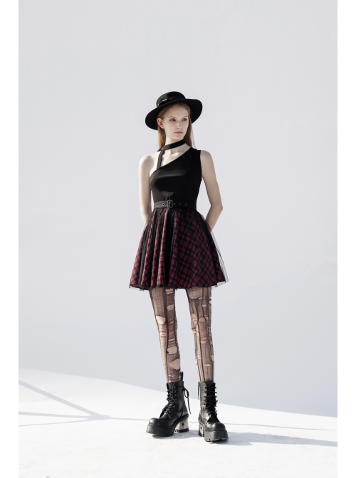 Steam Punk Female Black Red Lattice Mesh Stitching Buckle Belted Dress