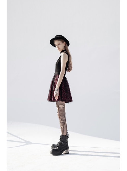 Steam Punk Female Black Red Lattice Mesh Stitching Buckle Belted Dress