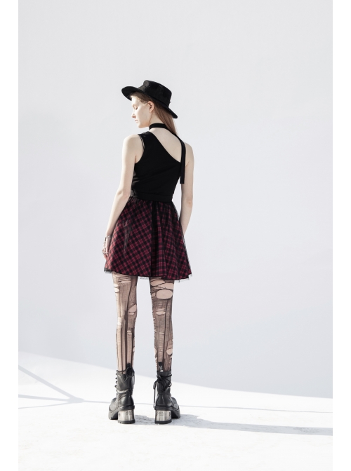 Steam Punk Female Black Red Lattice Mesh Stitching Buckle Belted Dress
