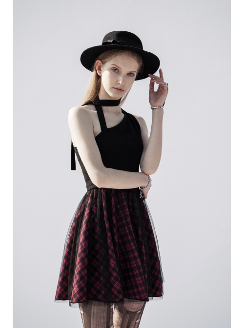 Steam Punk Female Black Red Lattice Mesh Stitching Buckle Belted Dress