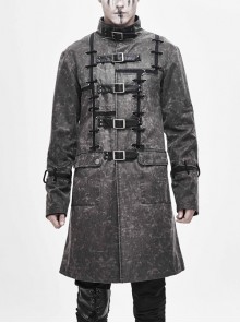 Stand-Up Collar Front Metal Buckle Leather Hasp Lace-Up Grey Punk Coat