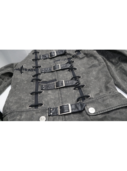 Stand-Up Collar Front Metal Buckle Leather Hasp Lace-Up Grey Punk Coat
