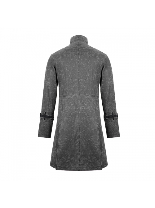 Stand-Up Collar Front Metal Buckle Leather Hasp Lace-Up Grey Punk Coat