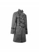 Stand-Up Collar Front Metal Buckle Leather Hasp Lace-Up Grey Punk Coat