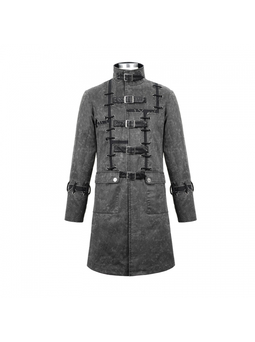 Stand-Up Collar Front Metal Buckle Leather Hasp Lace-Up Grey Punk Coat