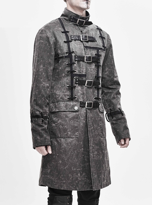 Stand-Up Collar Front Metal Buckle Leather Hasp Lace-Up Grey Punk Coat
