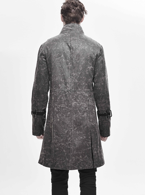 Stand-Up Collar Front Metal Buckle Leather Hasp Lace-Up Grey Punk Coat