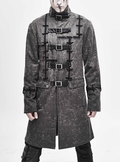Stand-Up Collar Front Metal Buckle Leather Hasp Lace-Up Grey Punk Coat