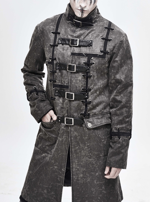 Stand-Up Collar Front Metal Buckle Leather Hasp Lace-Up Grey Punk Coat