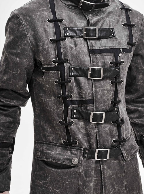 Stand-Up Collar Front Metal Buckle Leather Hasp Lace-Up Grey Punk Coat