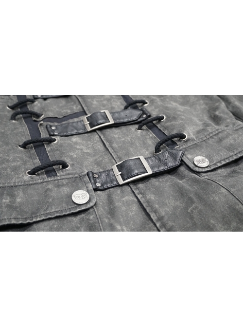 Stand-Up Collar Front Metal Buckle Leather Hasp Lace-Up Grey Punk Coat