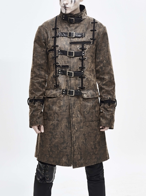 Stand-Up Collar Front Metal Buckle Leather Hasp Lace-Up Brown Punk Coat