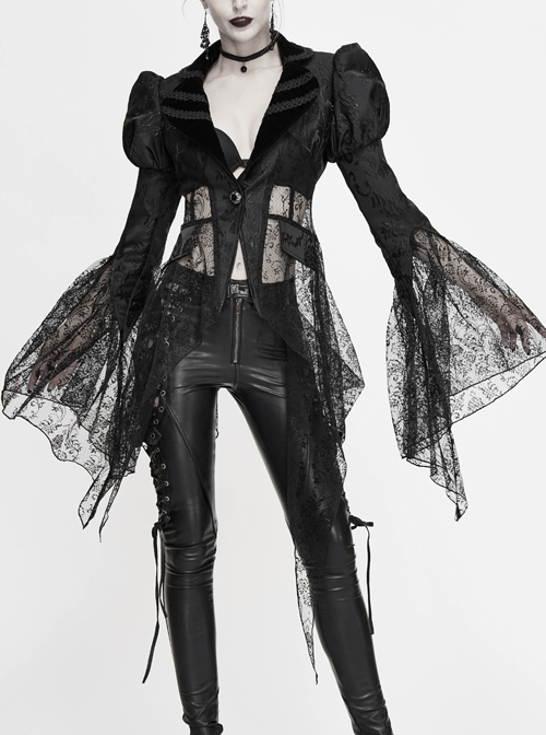 V-Neck Front Metal Retro Button Flocking Mesh Cuff Irregular Hem Black Gothic Jacquard Coat