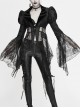 V-Neck Front Metal Retro Button Flocking Mesh Cuff Irregular Hem Black Gothic Jacquard Coat