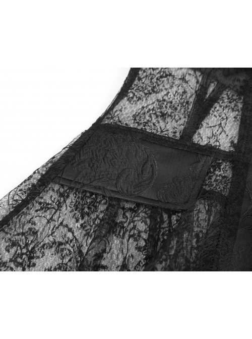 V-Neck Front Metal Retro Button Flocking Mesh Cuff Irregular Hem Black Gothic Jacquard Coat