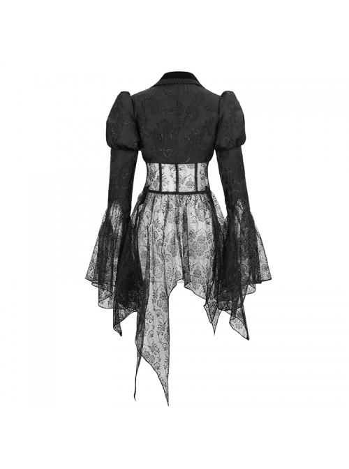 V-Neck Front Metal Retro Button Flocking Mesh Cuff Irregular Hem Black Gothic Jacquard Coat