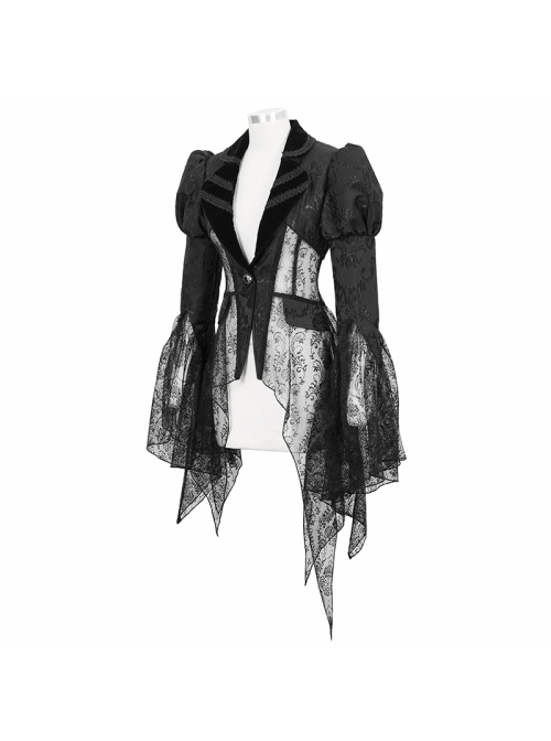V-Neck Front Metal Retro Button Flocking Mesh Cuff Irregular Hem Black Gothic Jacquard Coat