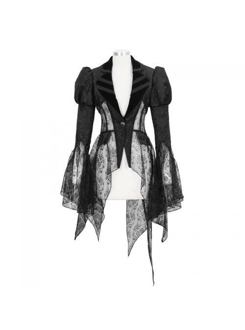 V-Neck Front Metal Retro Button Flocking Mesh Cuff Irregular Hem Black Gothic Jacquard Coat