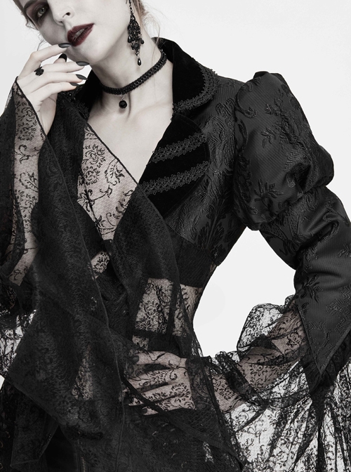 V-Neck Front Metal Retro Button Flocking Mesh Cuff Irregular Hem Black Gothic Jacquard Coat