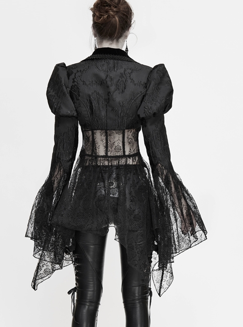 V-Neck Front Metal Retro Button Flocking Mesh Cuff Irregular Hem Black Gothic Jacquard Coat
