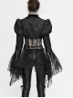 V-Neck Front Metal Retro Button Flocking Mesh Cuff Irregular Hem Black Gothic Jacquard Coat