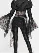 V-Neck Front Metal Retro Button Flocking Mesh Cuff Irregular Hem Black Gothic Jacquard Coat
