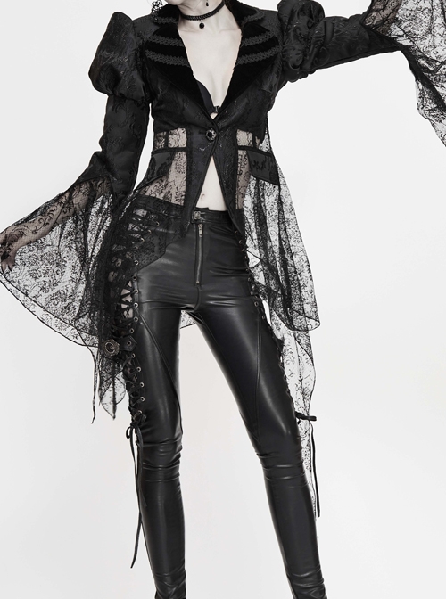 V-Neck Front Metal Retro Button Flocking Mesh Cuff Irregular Hem Black Gothic Jacquard Coat