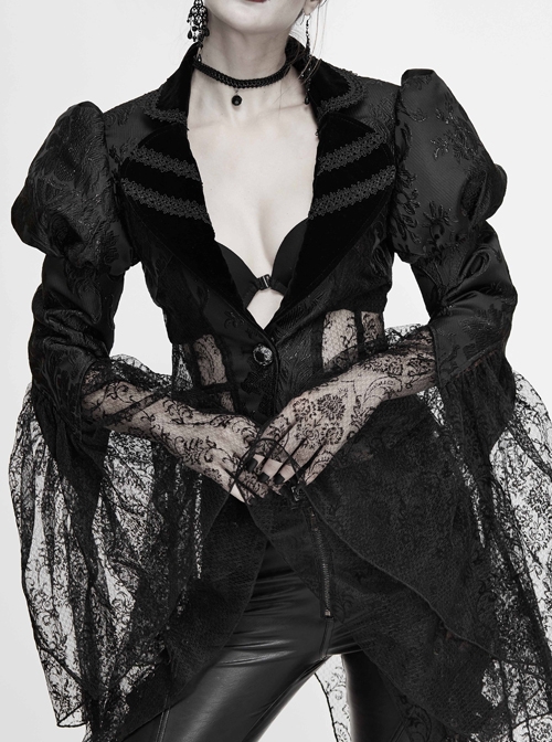 V-Neck Front Metal Retro Button Flocking Mesh Cuff Irregular Hem Black Gothic Jacquard Coat