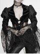 V-Neck Front Metal Retro Button Flocking Mesh Cuff Irregular Hem Black Gothic Jacquard Coat