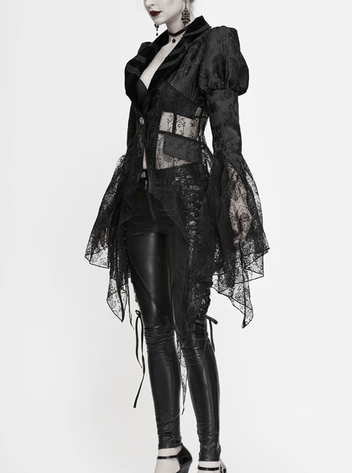 V-Neck Front Metal Retro Button Flocking Mesh Cuff Irregular Hem Black Gothic Jacquard Coat