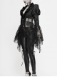 V-Neck Front Metal Retro Button Flocking Mesh Cuff Irregular Hem Black Gothic Jacquard Coat