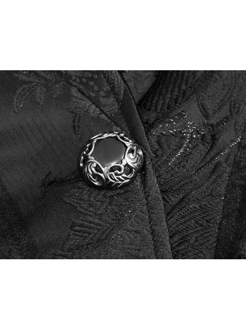 V-Neck Front Metal Retro Button Flocking Mesh Cuff Irregular Hem Black Gothic Jacquard Coat