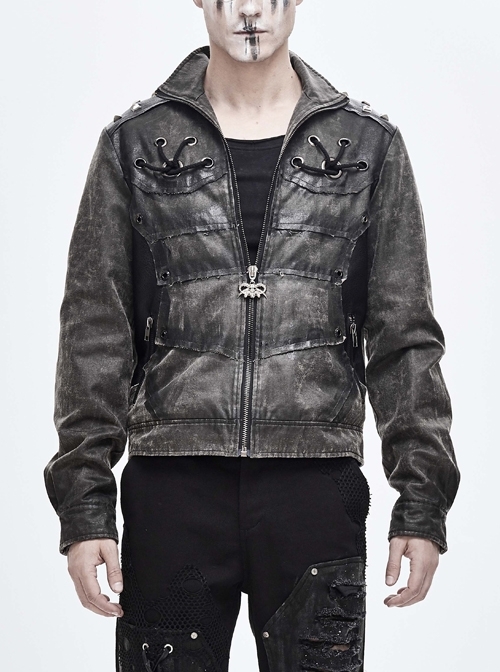 Stand-Up Collar Metal Rivet Decoration Front Chest Bandage Grey Punk Coat