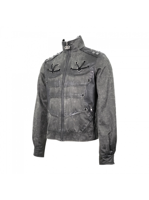 Stand-Up Collar Metal Rivet Decoration Front Chest Bandage Grey Punk Coat