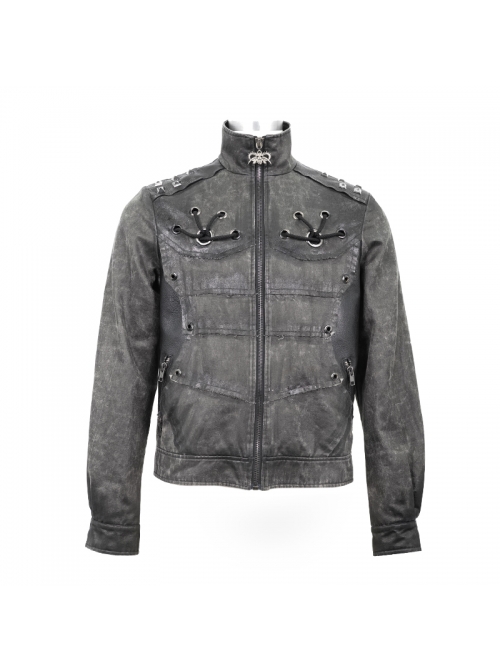 Stand-Up Collar Metal Rivet Decoration Front Chest Bandage Grey Punk Coat