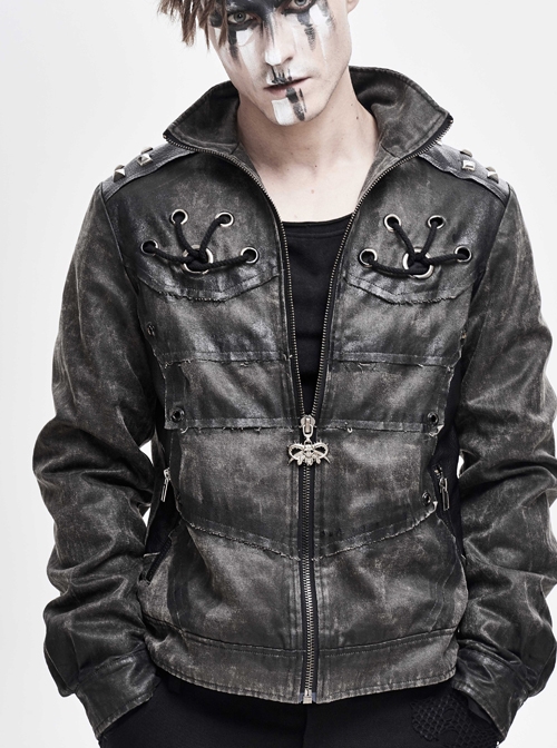 Stand-Up Collar Metal Rivet Decoration Front Chest Bandage Grey Punk Coat