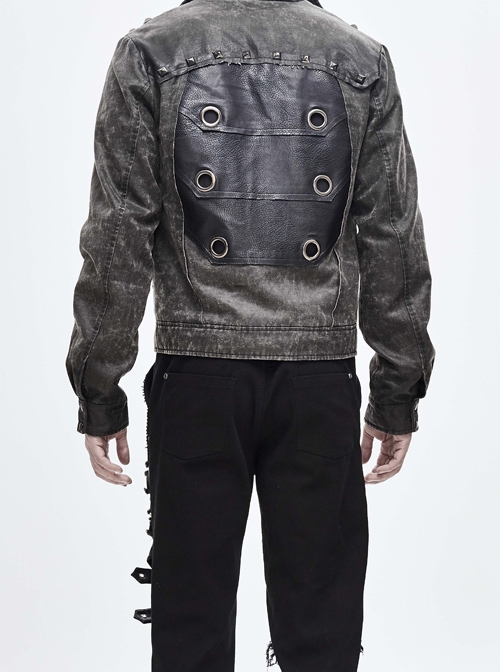 Stand-Up Collar Metal Rivet Decoration Front Chest Bandage Grey Punk Coat
