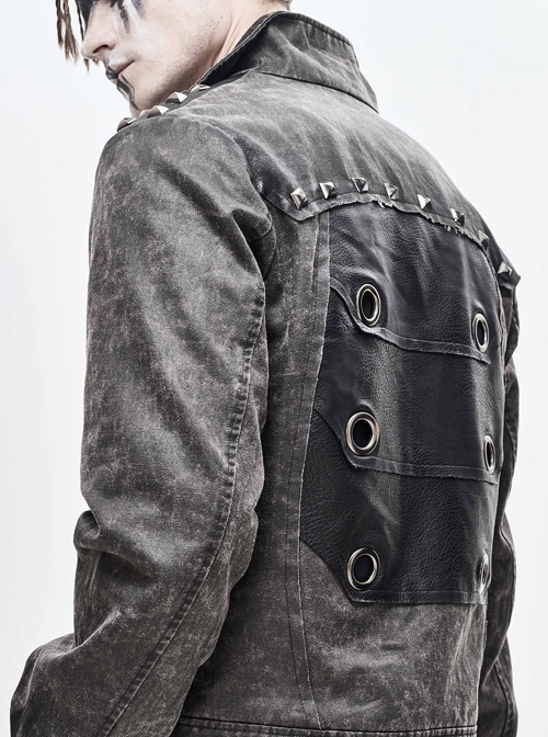 Stand-Up Collar Metal Rivet Decoration Front Chest Bandage Grey Punk Coat